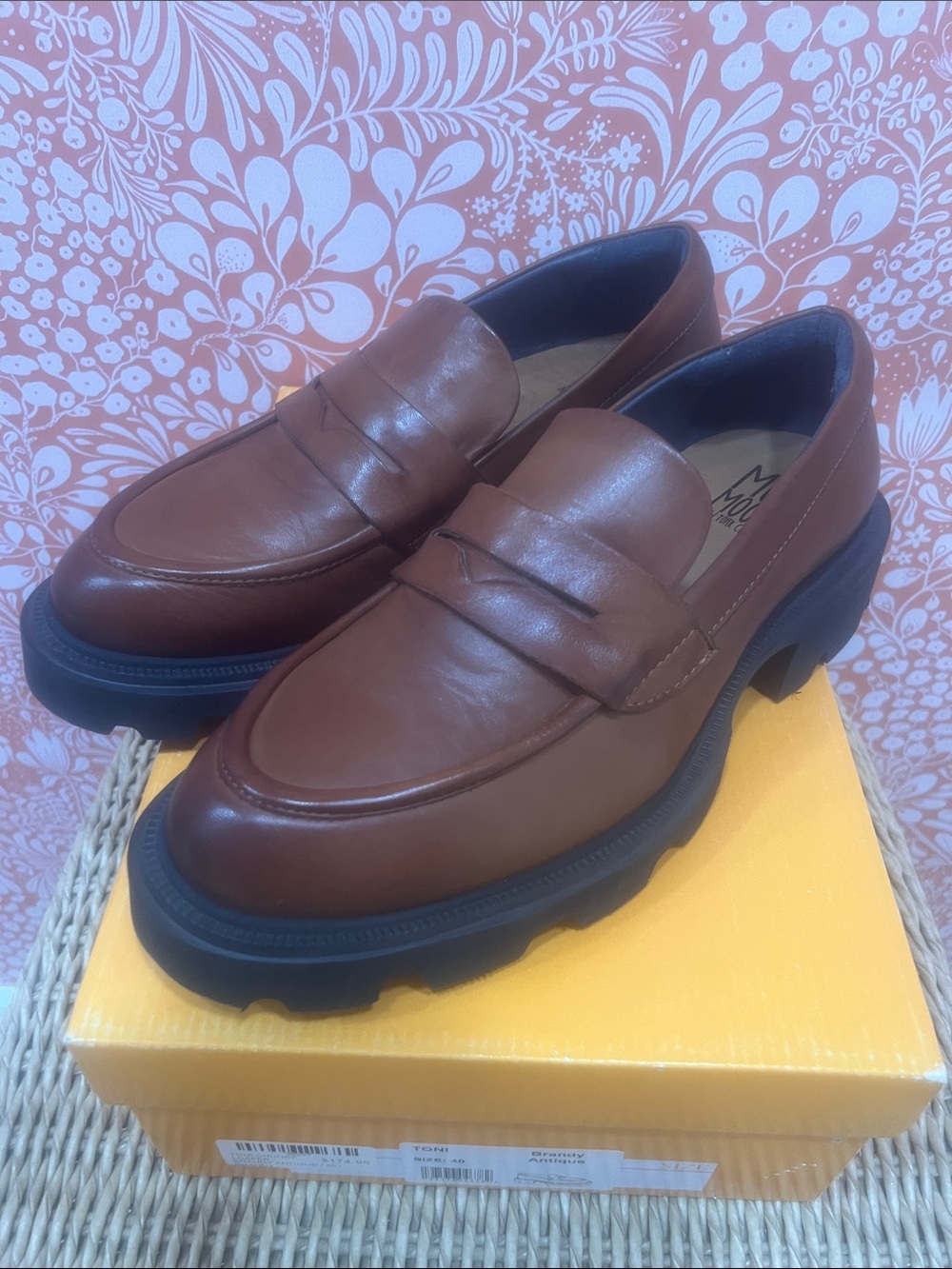 Miz Mooz Antique Brandy Leather Penny Loafers with Chunky Black Sole